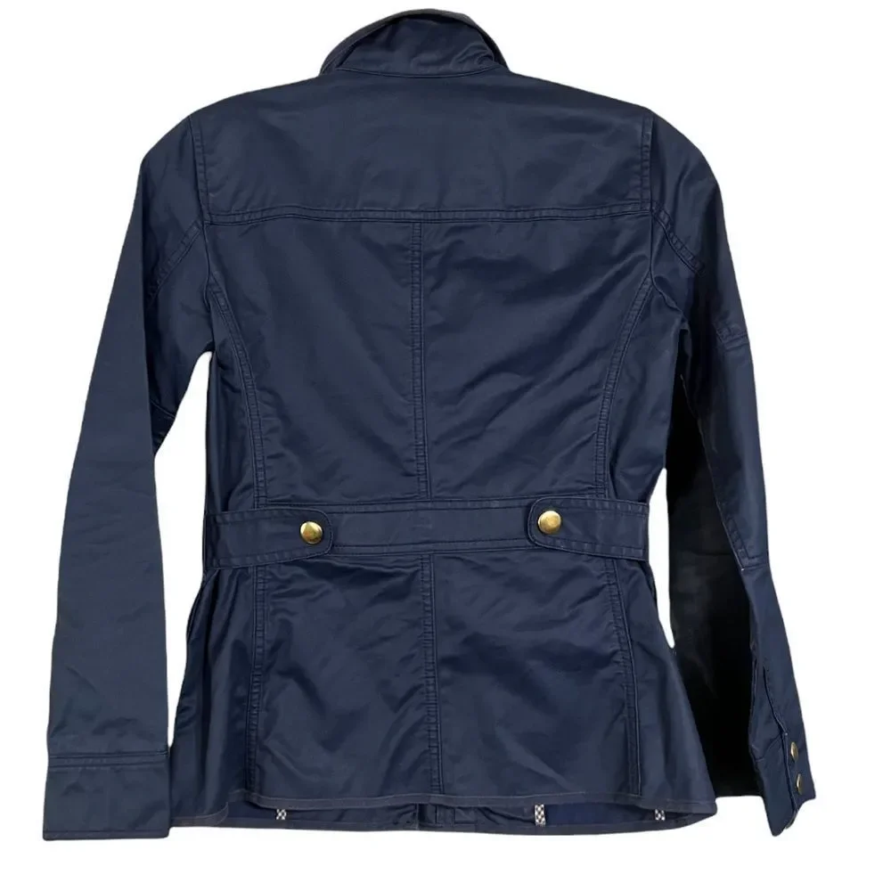 J Crew Navy Blue Gold Snap Waxed Utility Rain Jacket Sz XXS EUC